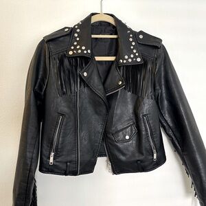 Black Leather jacket with fringe and stud embellishments